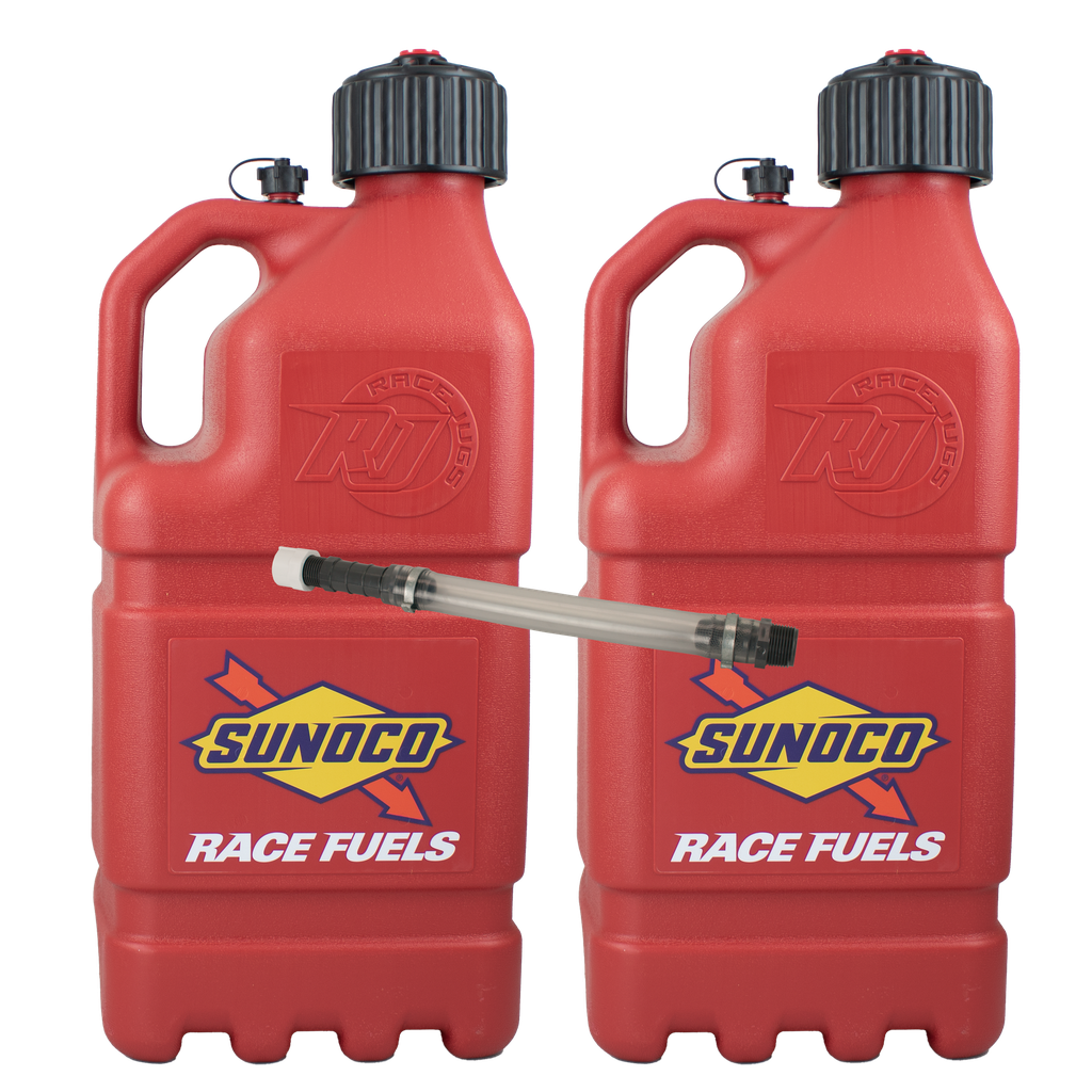 2 Pack Sunoco Racing Red 5 Gallon Race Utility Jugs with 1 Deluxe Filler Hose